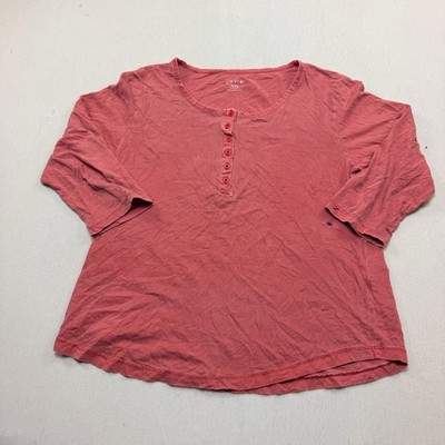 Orvis Henley Top Women Medium Red Good 3/4 Sleeve Cotton Button Neck