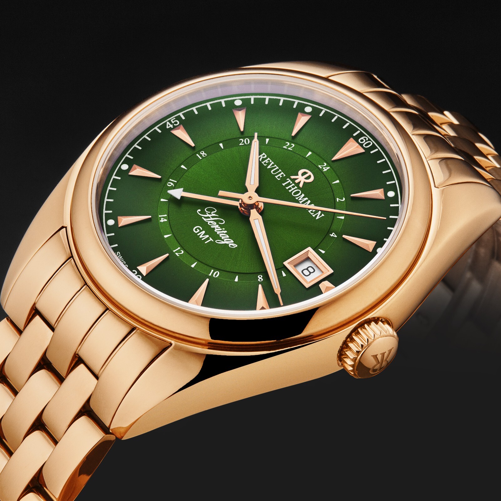 Pre-owned Revue Thommen Men Heritage Gmt Green Dial Ss Bracelet Swiss Automatic 21010.2364