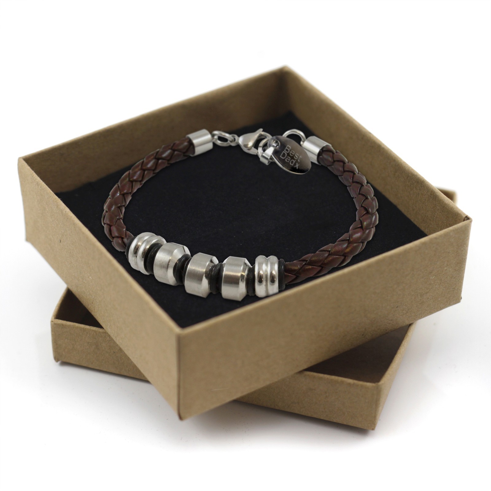 Homme Personnalise Personnalisee Gravee Acier Cuir Bracelet Anniversaire Coffret Cadeau Ebay