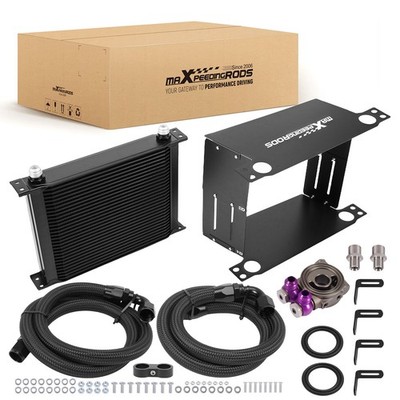 Universal 30 Row Transmission Oil Cooler 10AN Aluminum w/ Adapter Hoses Black