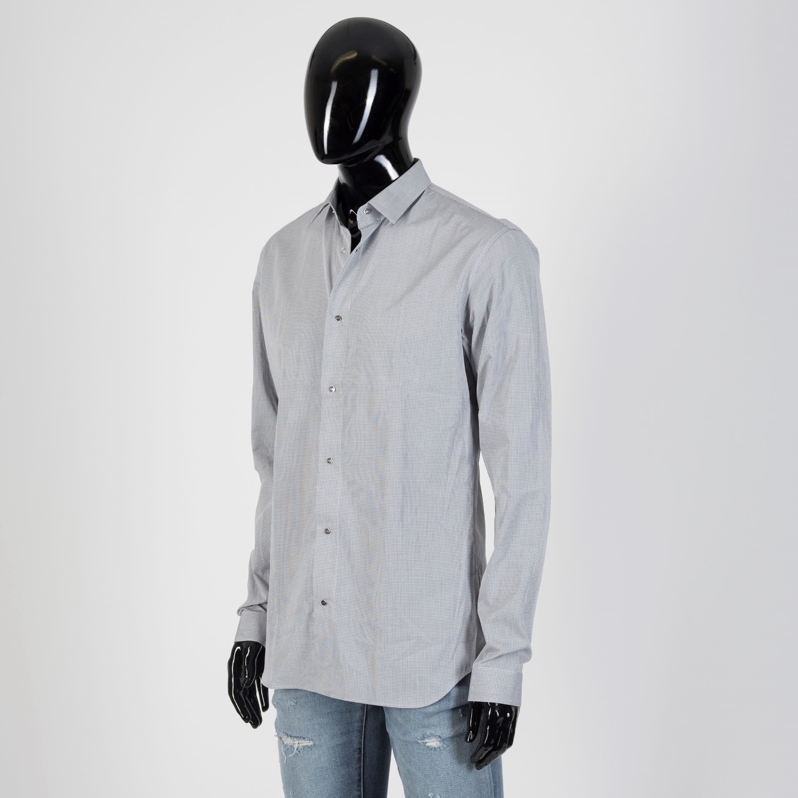 Pre-owned Dior 750$ Dress Shirt In Gray Micro Check Cotton Palladium-finished Snap Buttons