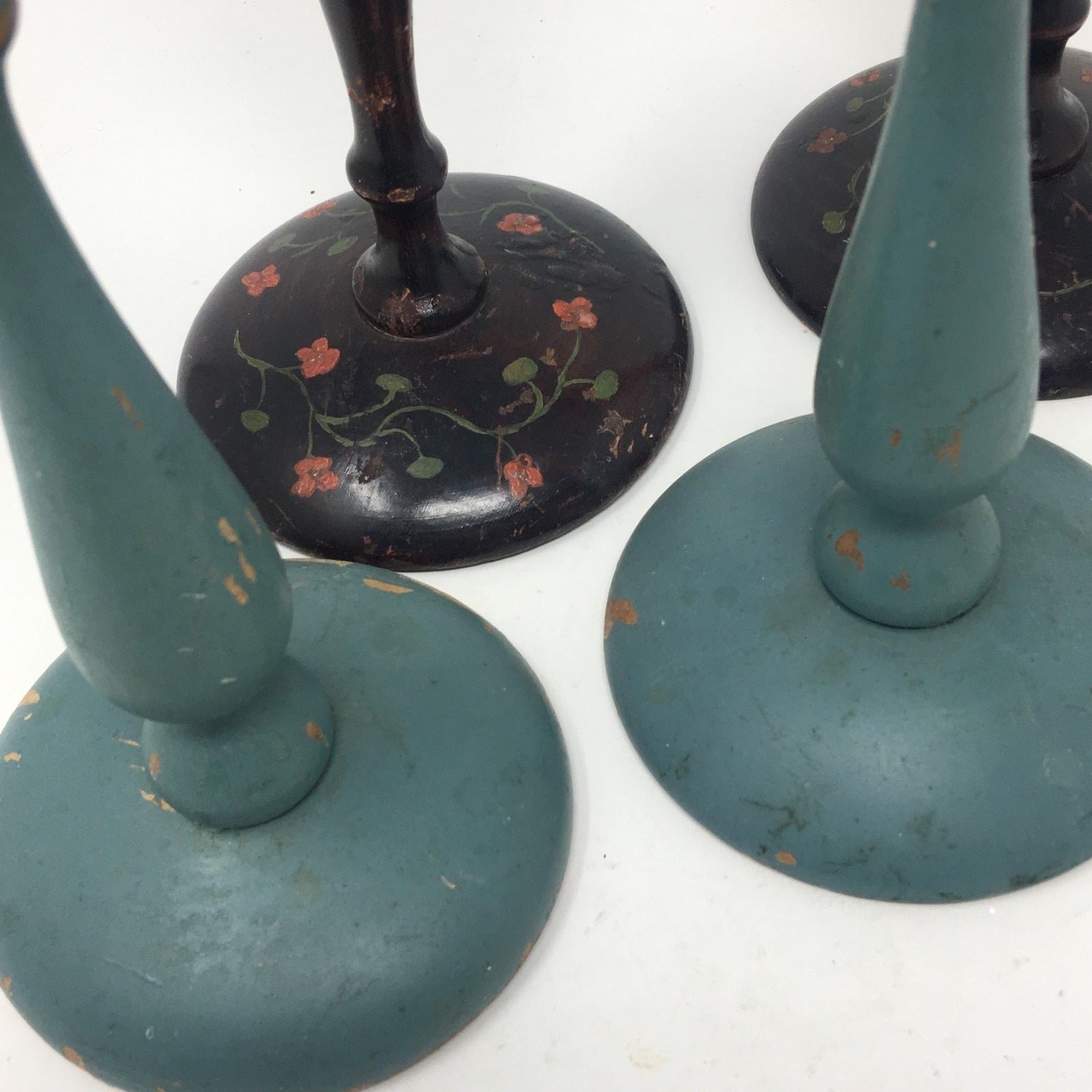 Wooden Candlestick Pair Hand Painted Vintage Farmhouse Style Decor