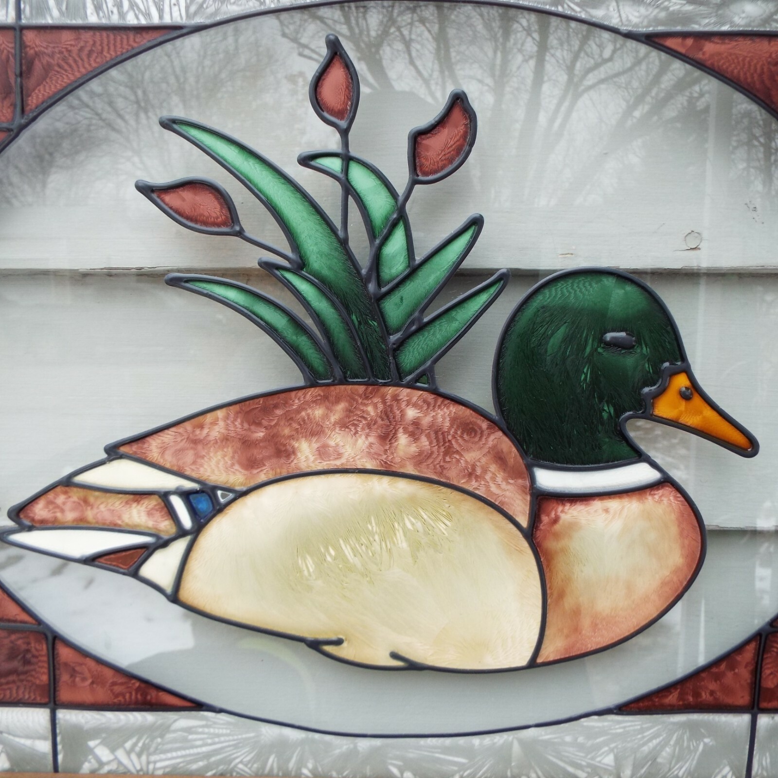 Handcrafted Framed Stained Glass Mallard Duck Wall Hanger Panel Suncatcher NEAT!