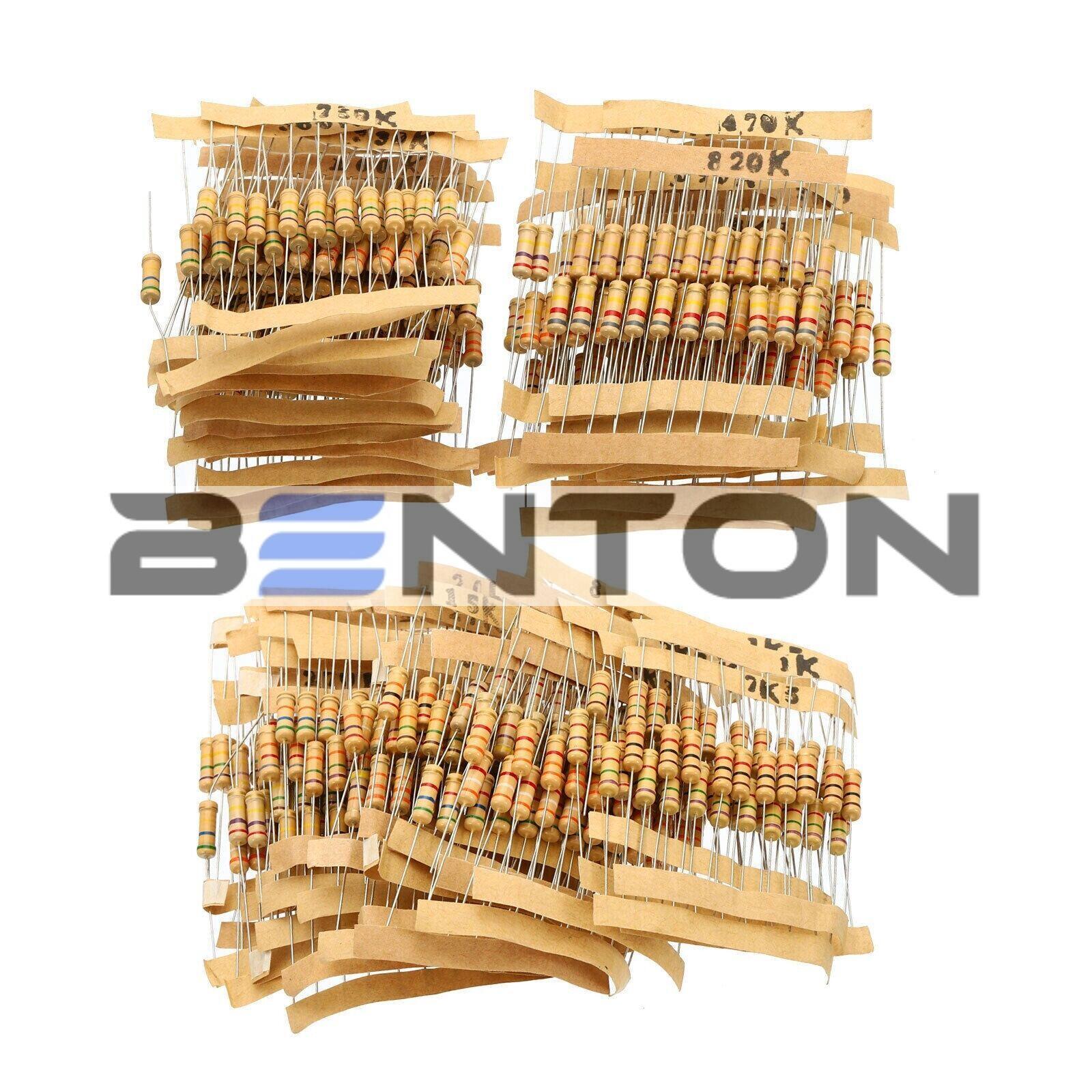 5% 1000Pcs 1W 100 Values 1Ω - 1MΩ Assorted Carbon Film Resistors Assortment Kit