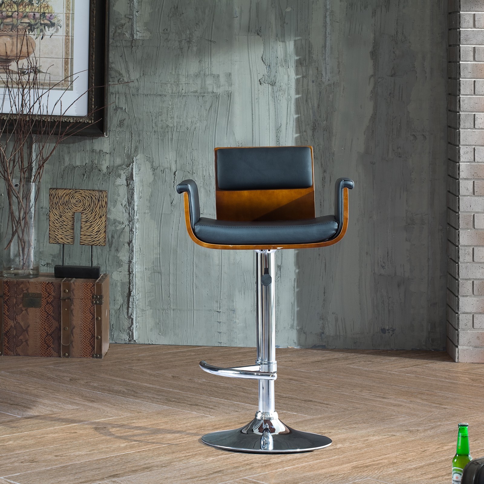 Supernova Modern Adjustable Height Swivel Walnut and Black PU Leather Bar Stool