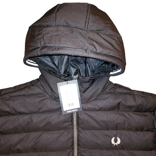 Pre-owned Fred Perry Mens 2xl Xxl Black Insulated Hooded Jacket Puffer Coat White Zipper
