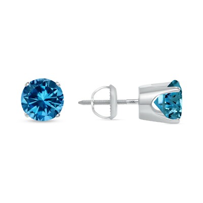 Pre-owned Shine Brite With A Diamond 3.50 Ct Round Cut Blue Earrings Crown Set Studs Solid 14k White Gold Screw Back