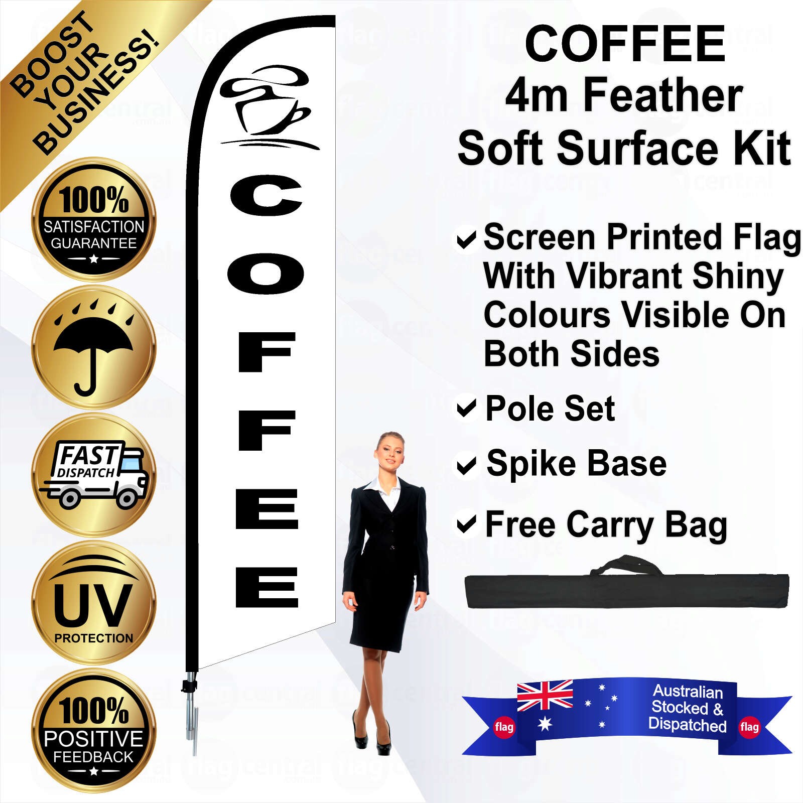 COFFEE White 4m Feather Flag / Banner Kit with Pole Set, Galvanised Steel Ground Spike and a Free Carry Bag
