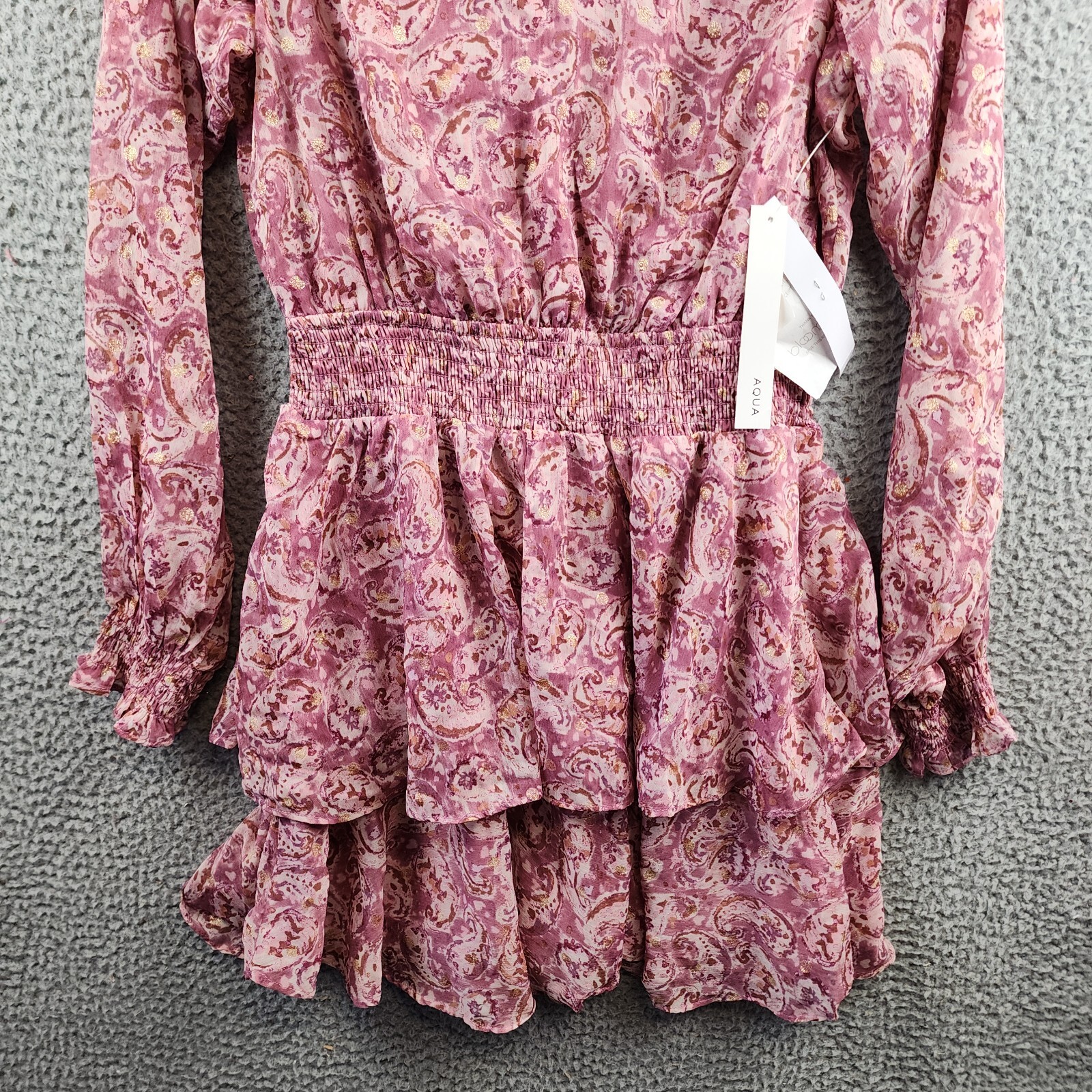 AQUA Metallic Dot Paisley Mini Dress Women's S Pink Multi Vneck Back Zip Closure - Picture 4 of 13