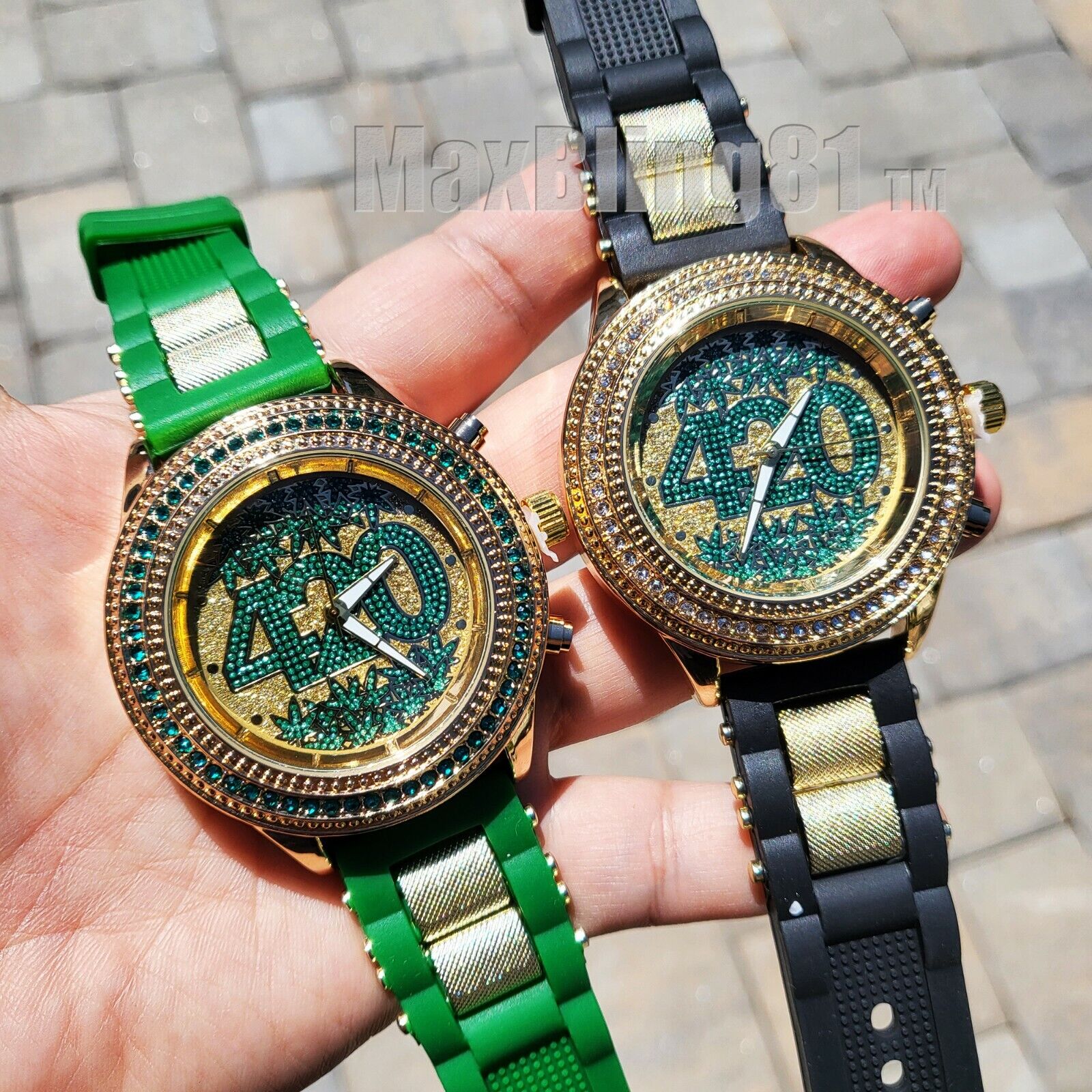 MEN ICED GOLD PT 420 WEED LEAF DIAL SILICONE BULLET BAND HIP MEN ICED GOLD PT 420 WEED LEAF DIAL SILICONE BULLET BAND HIP