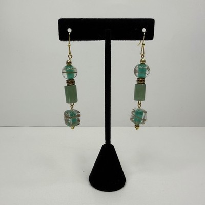 Gold Tone Green Jade Glass Dangle Drop Earrings Accents Hook Lobe Jewelry 2.5 in