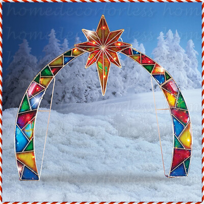 Lighted Christmas Faux Stained Glass Nativity Scene w Arch Outdoor Holiday Decor