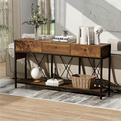Redlife Narrow Console Table Sofa Table with 3 Drawers & Charging Station Rustic
