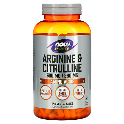Now Foods Arginine Citrulline 500 250 мг 240 растительных капсул Гарантированное качество GMP,