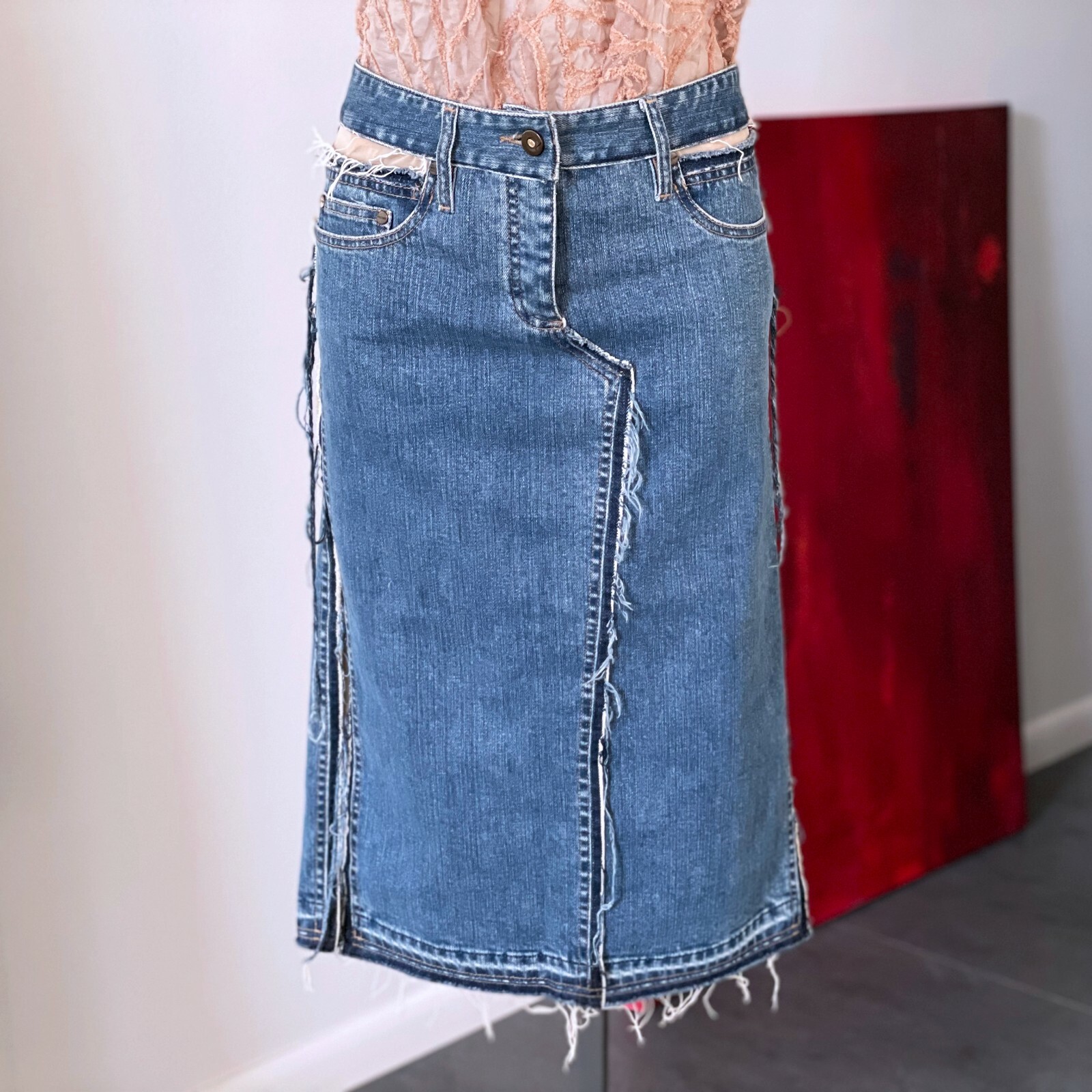 ALEXANDER McQUEEN paneled denim skirt distressed size 42