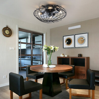 18'' Cage Ceiling Fan with Light, Rustic Farmhouse Flush Mount Chandelier Remote