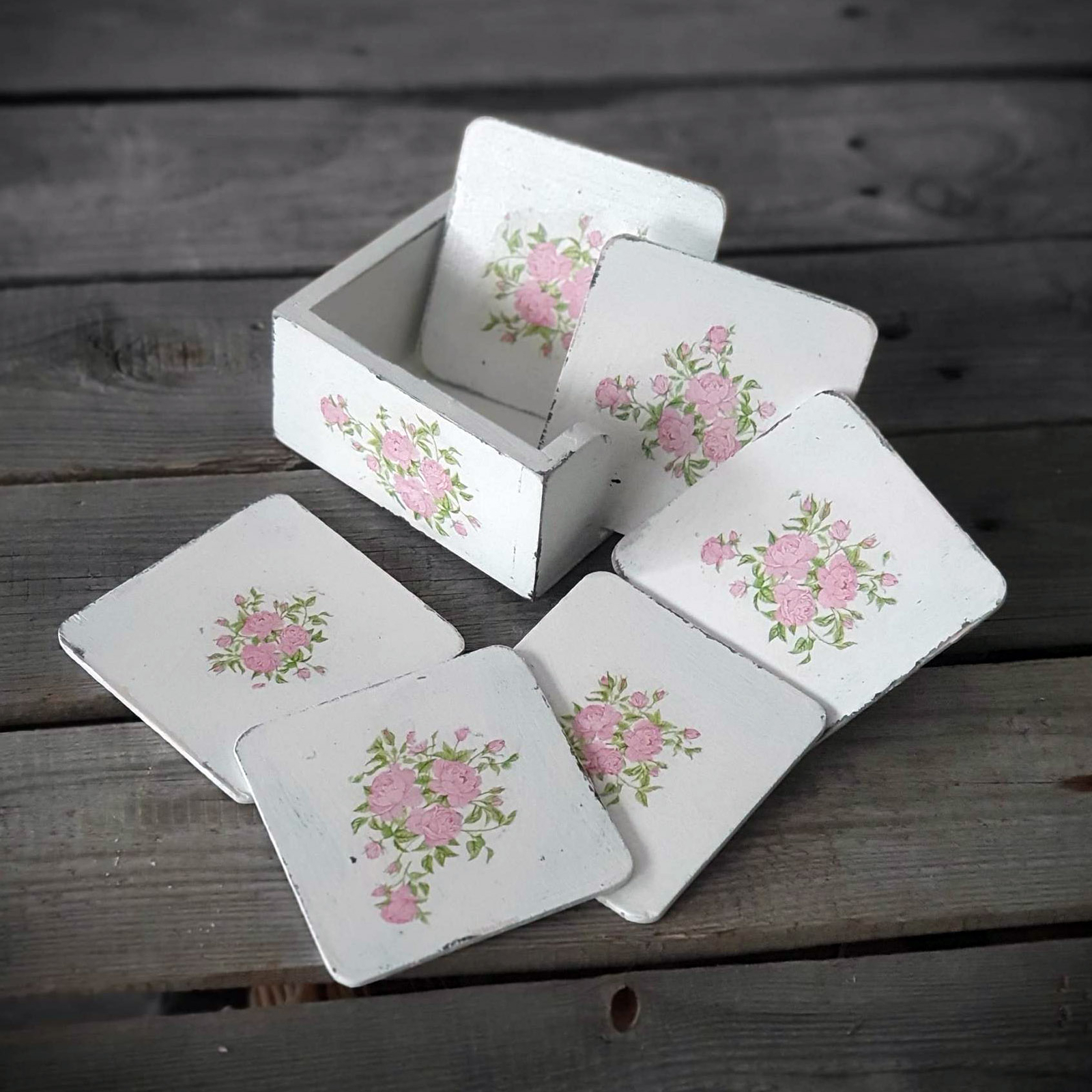 Vintage Holzuntersetzer Set Landhaus Shabby für Tassen Becher Holz Handarbeit