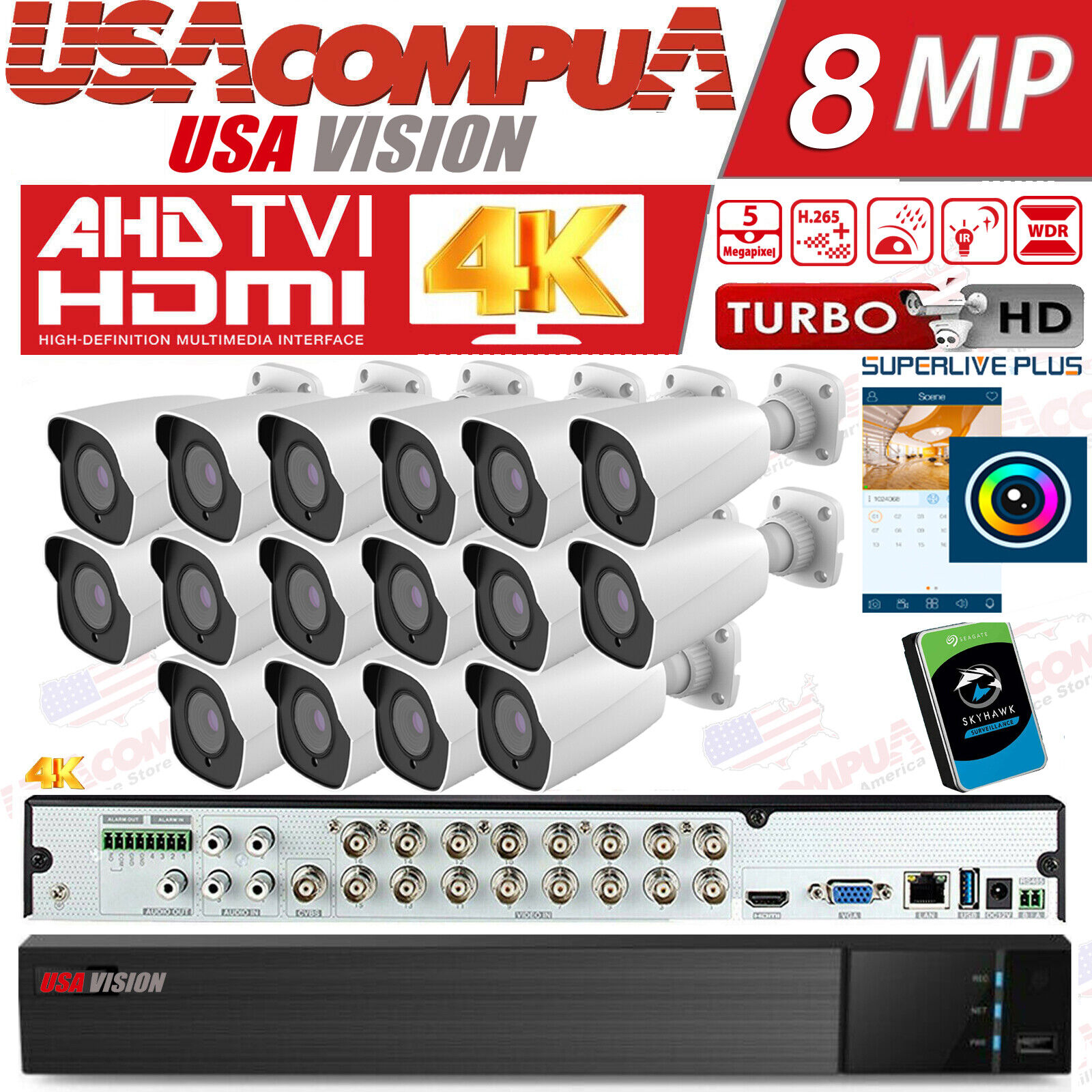 USAVISION 4K Security CCTV System Kit 16CH DVR Bullet HD 8 M