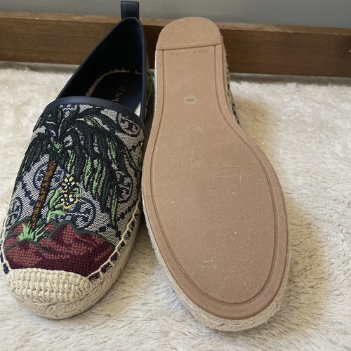 Pre-owned Tory Burch T Monogram Platform Espadrille Cheetah Needlepoint Navy Size 9 In Blue