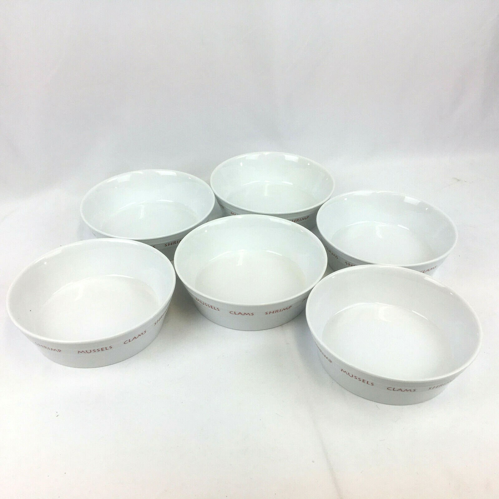 Crate & Barrel Set of 6 Seafood Bowls 2005 #469-795 Clams Shrimp Mussels
