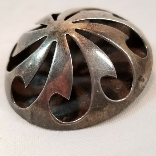 Taxco Mexico Sterling Silver Puffy Circle Cut Out Swirl Design Brooch Pendant