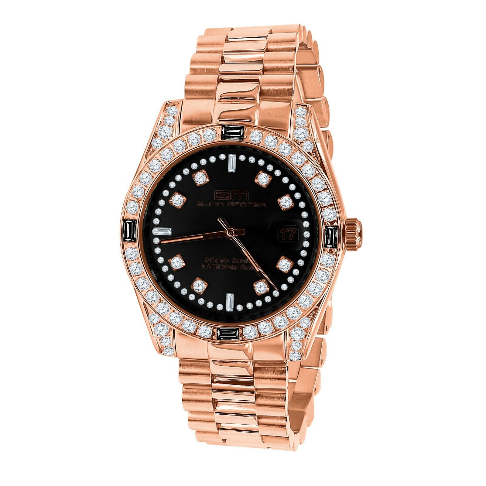 Pre-owned Blingmaster Rose Gold 2 Tone Black Dial Simulated Diamond Men's Stainless Steel Watch 40 Mm