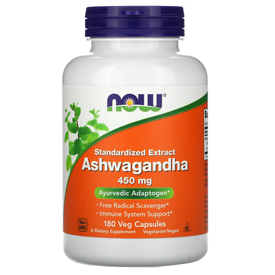 Now Foods Ashwagandha 450 mg 180 Veg Capsules GMP Quality Assured, Kosher,