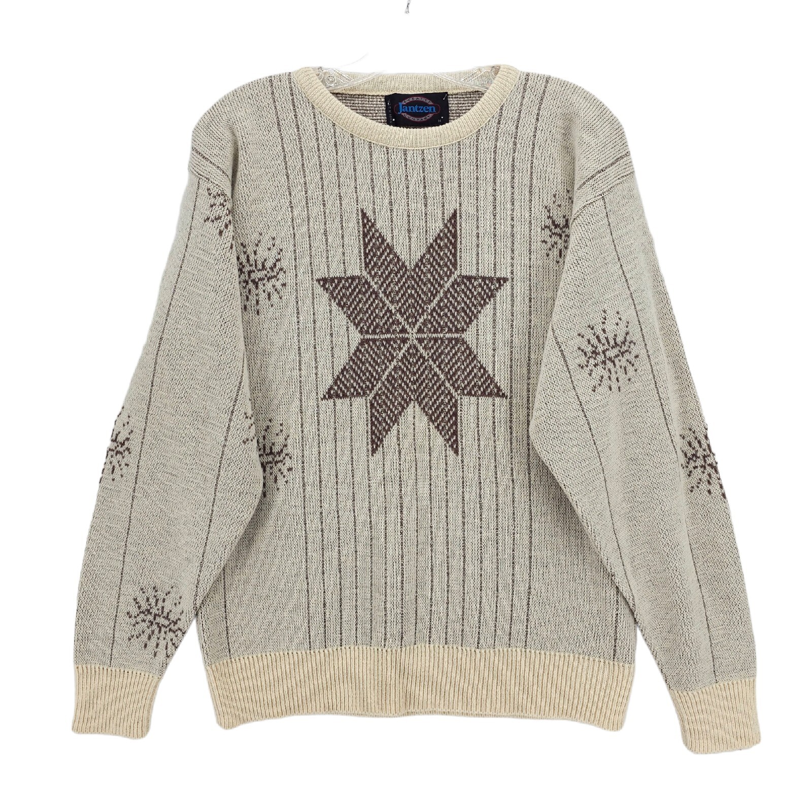 JANTZEN Vintage Sweater Beige Brown Snowflake EUC MADE IN USA Size MEDIUM