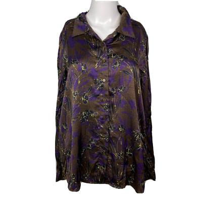 NWT Sita Murt Shirt Womens Sz 42 US 10 Brown Purple Floral Satin Button Collared