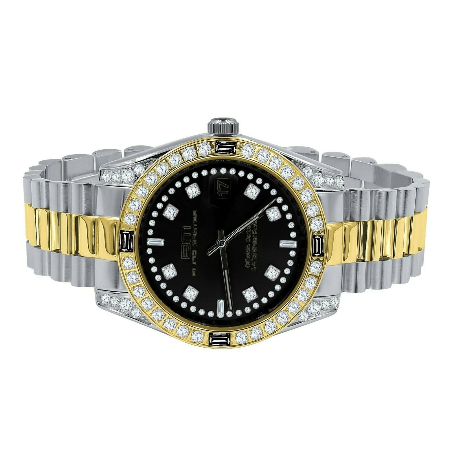 Pre-owned Bling Master - Majesty 2 Tone Gold Black Dial Stainless Steel Simulated Diamond 40mm Watch W/date