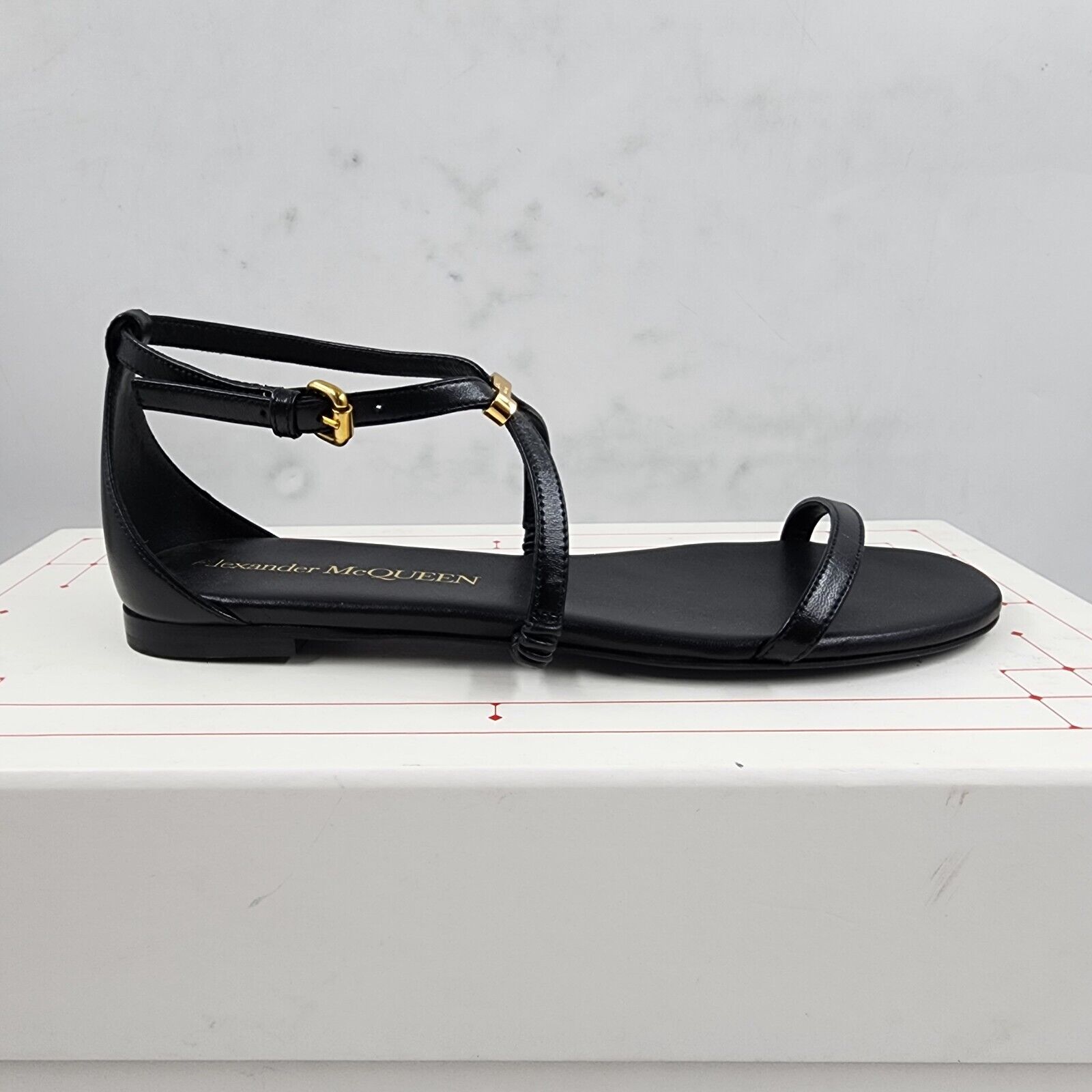 Alexander McQueen Ankle-Strap Leather Sandals Women's 37/7US Black/Gold Buckled - Picture 13 of 18