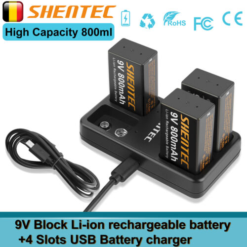 9V Block 6F22 Superlife 9 Volt Batterien Rauchmelder+  4 Slots USB Fast Ladegert