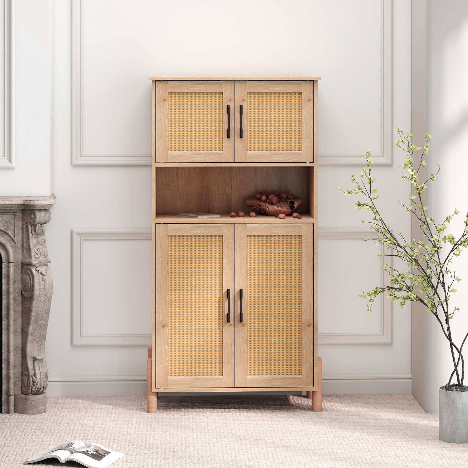 Mid-Century Modern 4-Door Storage Cabinet with Woven Rattan Doors