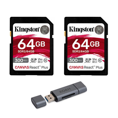 Kingston Canvas React Plus 64GB U3 V90 SD Card 2 pack with Card Reader Bundle