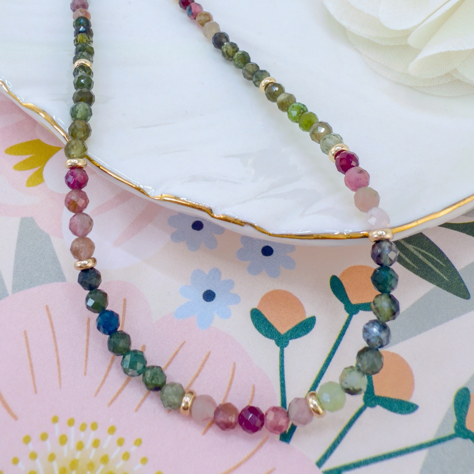 14k Yellow Gold Multicolor Tourmaline Bead Necklace, New 16