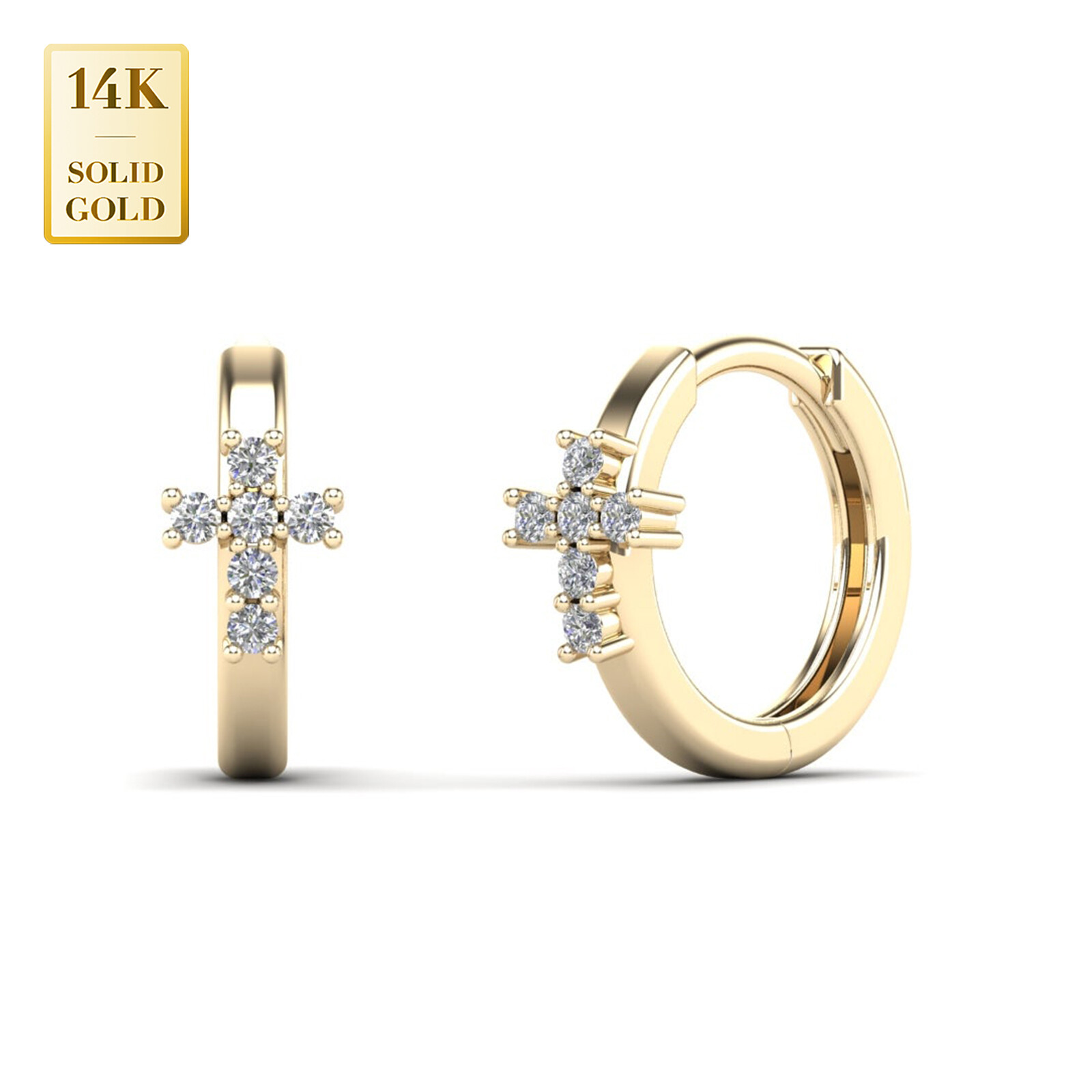 Pre-owned Anygolds 14k Real Solid Gold Natural Genuine Diamond Cross Hoop Huggie Clicker Earrings In 14k Yellow Gold