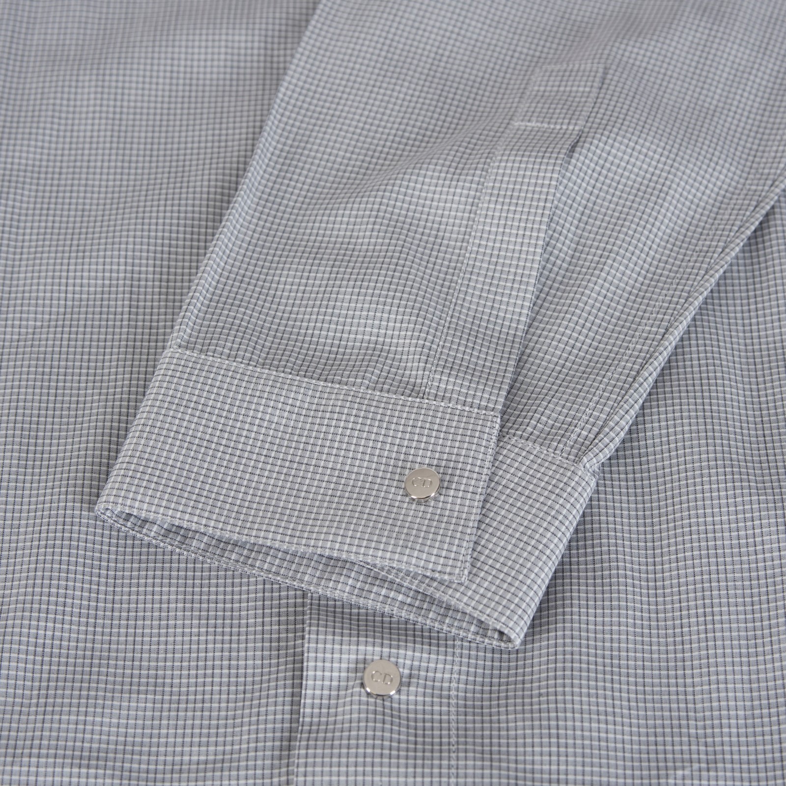 Pre-owned Dior 750$ Dress Shirt In Gray Micro Check Cotton Palladium-finished Snap Buttons