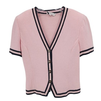 ST JOHN COLLECTION Pink Santana Knit Jacket Cardigan Navy Gold Trim Size LARGE