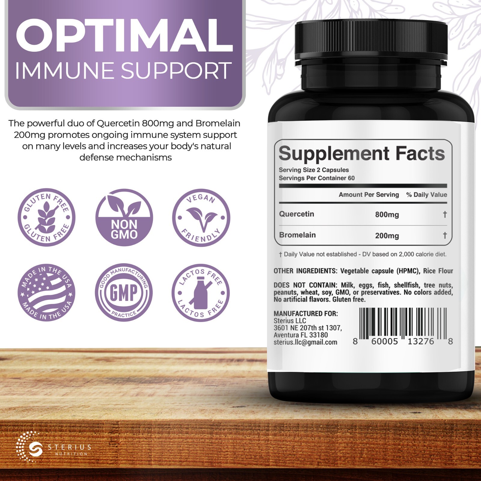 Quercetin with Bromelain 1000mg per Serving, 120 Vegetarian Capsules