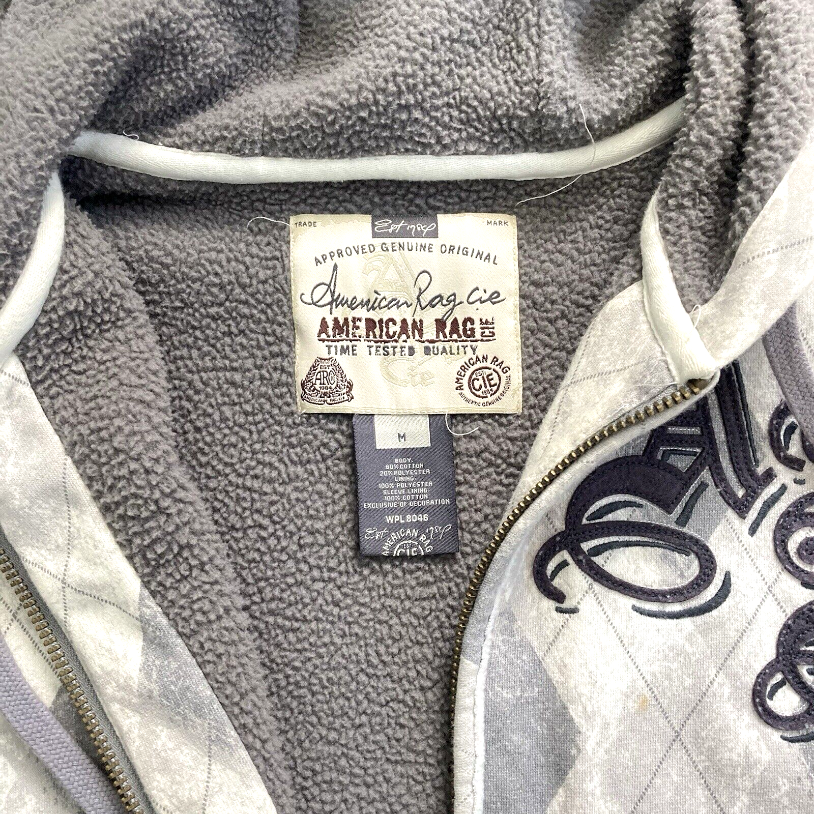 Vintage American Rag Grey Argyle Fleece Lined Hoodie Size M