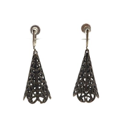 KiM Craftsman Silver Tone Cone Shape Filigree Screw Back Fashion Earrings