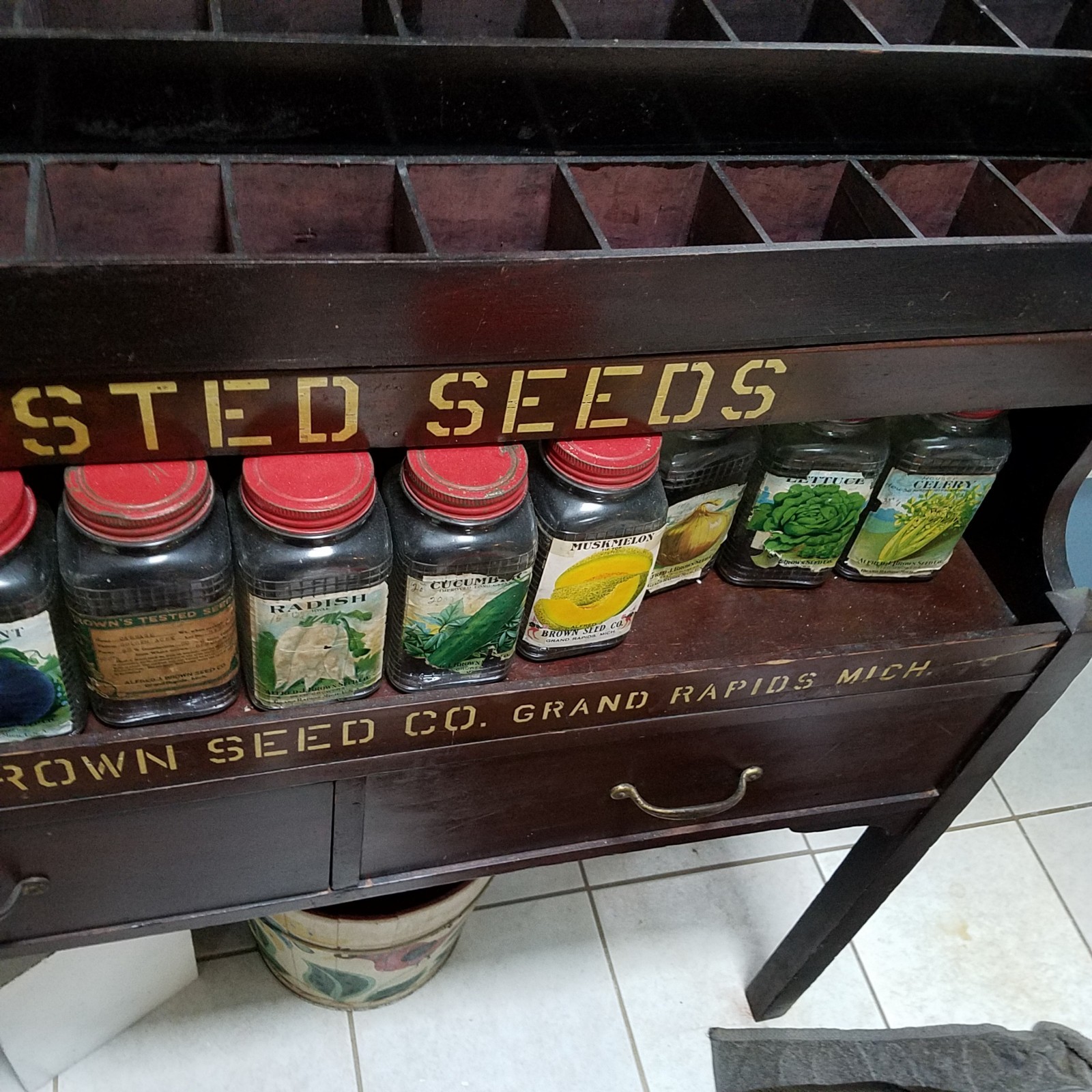 Antique Store Seed Jars Spout Alfred J. Brown Seed Co. Wood Seed Display