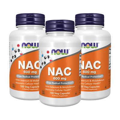 3 x NOW NAC N Acetyl Cysteine 600 mg with Selenium Molybdenum 100 Veg Caps