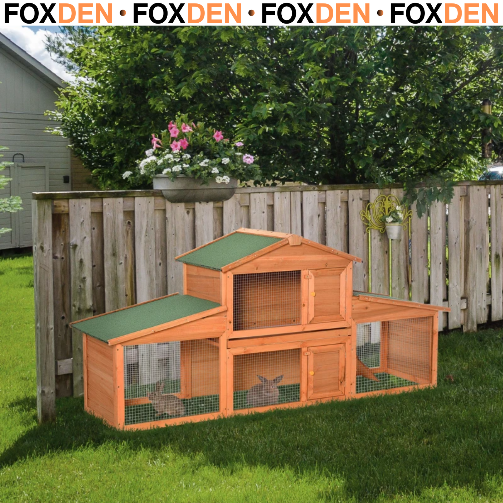 215 x 63 x 97 cm Outdoor Wooden Small Animal House with Rabbit Run Yellow