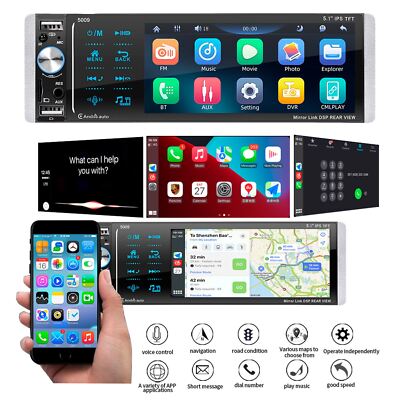 5.1''Single 1 Din Car Stereo Radio MP5 Player Bluetooth Touch Screen Carplay3Fr8L
