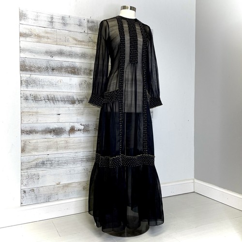 s.w.g.t. swgt Black Silk Chanderi Dress Size S Maxi Sheer Bead Handwoven Evening