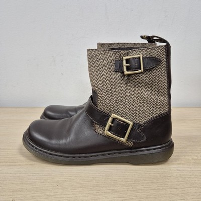Dr Martens Gayle Boots Womens Brown Leather Tweed Biker Buckle Size UK 8 EU 42