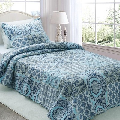 Country Chic Twin Quilt Set Floral Design Multi Blue Soft Microfiber Bedding