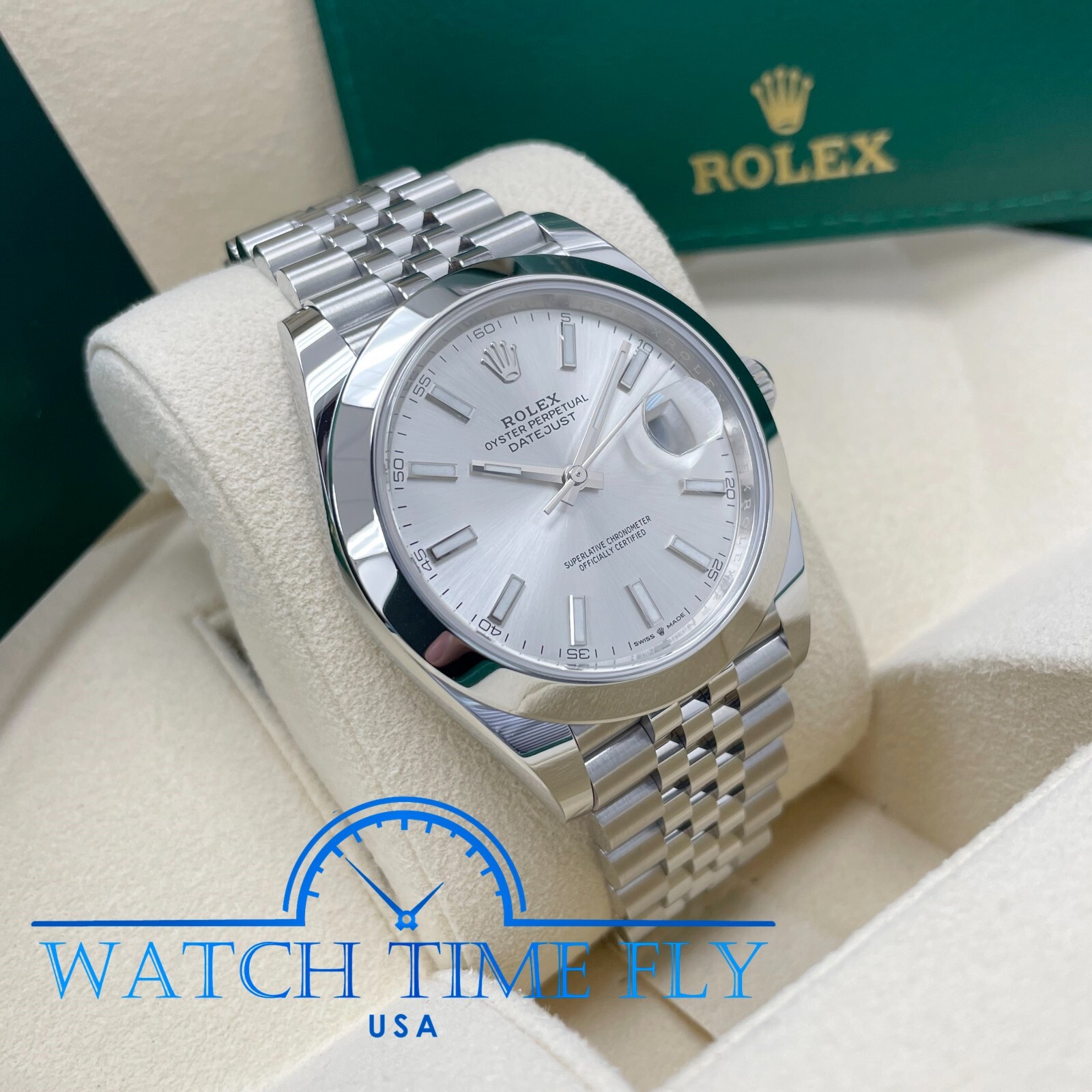 Pre-owned Rolex Datejust 41mm 126300 Silver Index Jubilee Bracelet Stainless Smooth Bezel