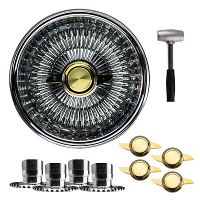14x7 Rev 100 Spoke SS Straight Lace Lowrider Wire Wheels, 2 Bar Cut Gold KO, Set
